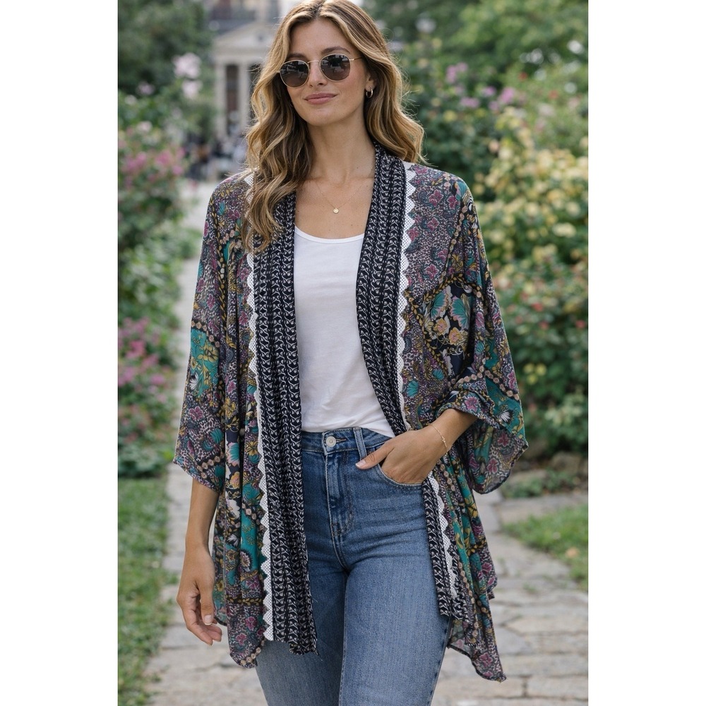 Umgee Open Front Kimono Cardigan Medium/Large Bright Boho Lightweight